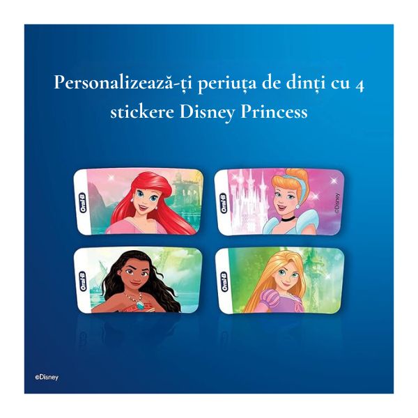 Stickere Disney Princess - Periuță electrică Braun Oral-B Pro Kids Disney Princess 3+ ani, Sensitive Plus, curățare 2D, 2 programe, 1 capăt periuță, 4 autocolante, mov