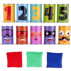 Joc interactiv de aruncare _Dărâmă Dozele_ include 10 doze cu fețe haioase și numere și 3 săculței colorați (5)