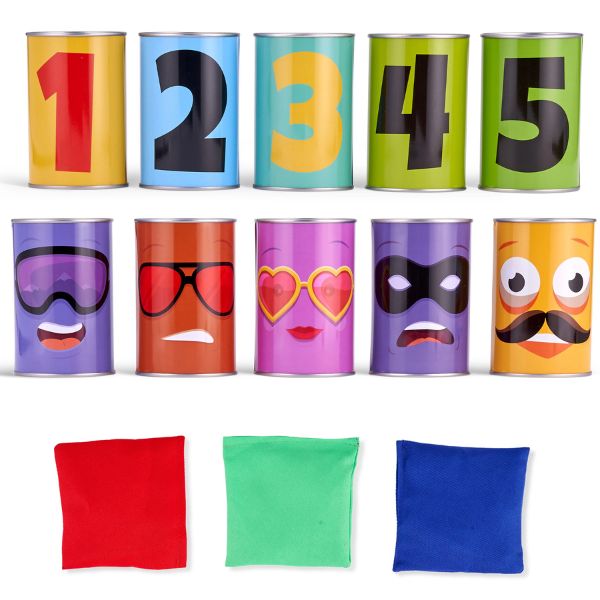 Joc interactiv de aruncare _Dărâmă Dozele_ include 10 doze cu fețe haioase și numere și 3 săculței colorați (5)