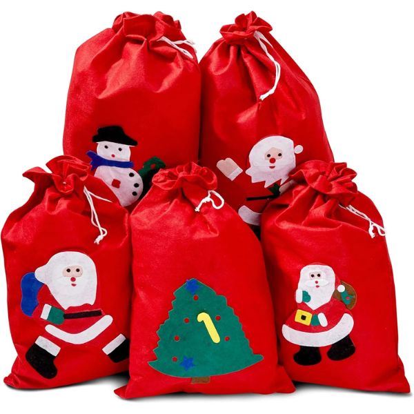 Set 5 saci mari pentru cadouri de Crăciun, tip sacul lui Moș Crăciun, cu șnur, 60 × 40 cm – The Twiddlers